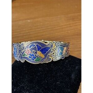 Vintage Cloisonne Floral & Butterfly Gold tone Hinged Bangle clamper bracelet